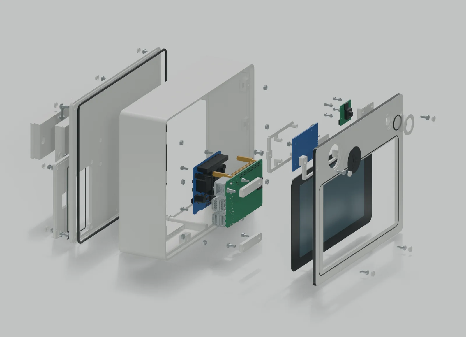 3D-Explosionsansicht des Neoffice-Prototyps: individuelles Gehäuse, Bildschirm und Elektronik